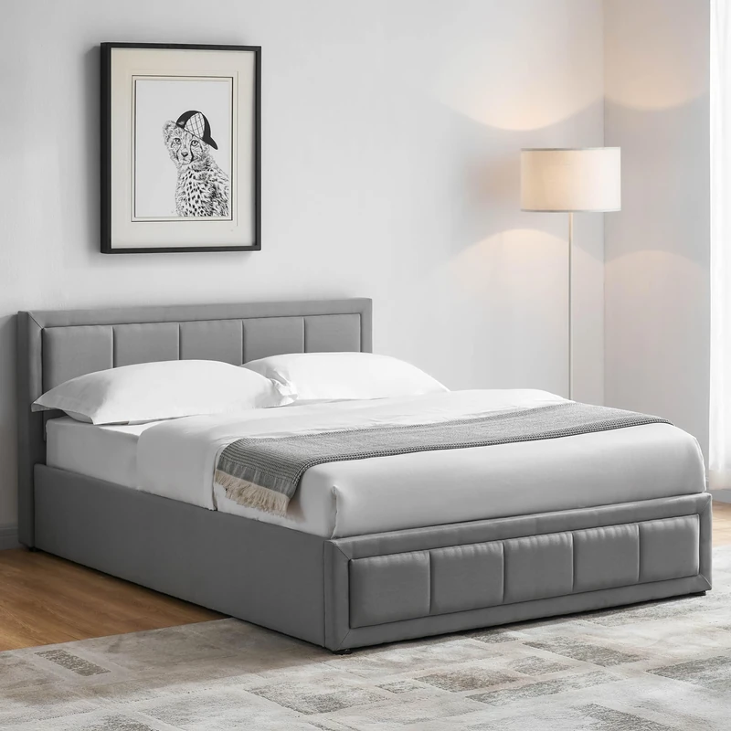 Vida Designs Vanita Fabric Double Bed Frame & Mattress | Light Grey | 4ft6 | Upholstered | Headboard | Easy Assembly | Wooden Slat Support | Modern Design | 88H x 147W x 206D cm