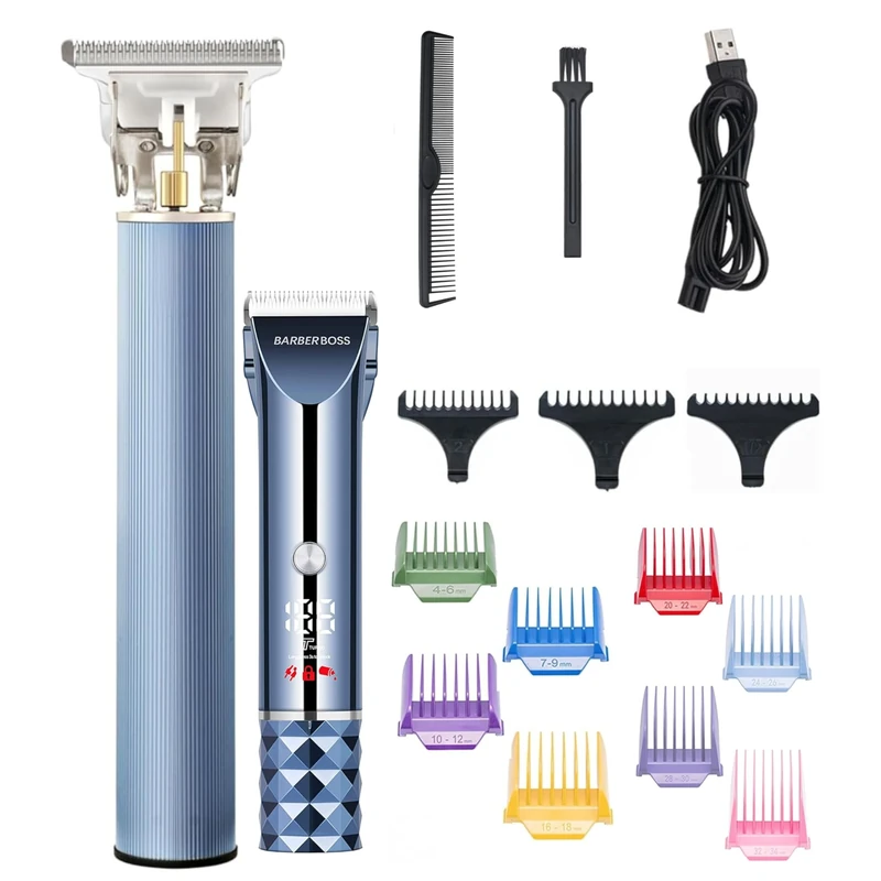 BarberBoss Men’s Rechargeable Hair & Beard Trimmer Kit, Grooming Kit for Men, Turbo Speed Groomer with LED Display, 8 Guide Combs, Complete Groomer for Men