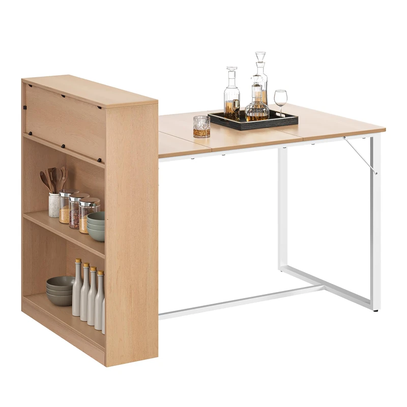 YITAHOME Dining Table with Storage Shelves, 130 x 77.4 x 75/95cm, Sturdy Metal Frame, Industrial Style, for Living Room, Kitchen, Oak and White