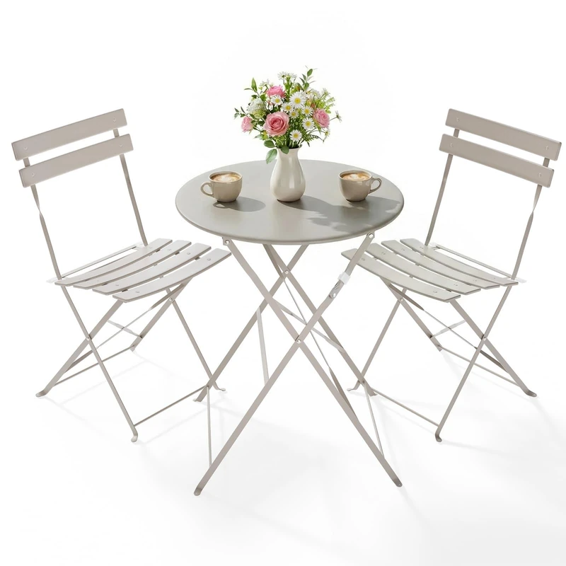 Clevich 3-Piece Folding Patio Bistro Set for Outdoor, Lightweight Rustproof Metal Table & 2 Chairs, Balcony Garden Furniture, 3 Colours Available (taupe)