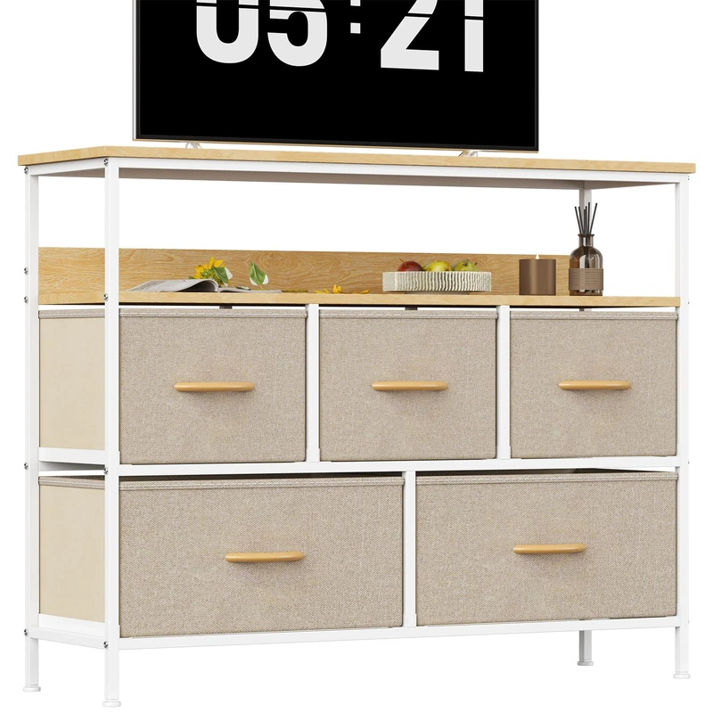 KU Syang 5-Drawer Chest of Drawers with TV Stand | Heavy-Duty Steel Frame & Scratch-Resistant MDF Top | Multi-Functional Storage Unit with Fabric Drawers for Bedroom & Living Room Hallway Khaki