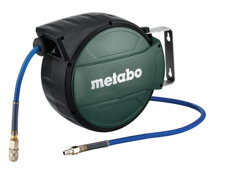 metabo Hose Reel SA 210-8 m Hybrid Hose, 1/4 Inch Universal Quick Coupling, 10 Bar Pressure - Automatic Locking & Rolling, Wall and Ceiling Holder, Robust Compressed Air Hose Reel