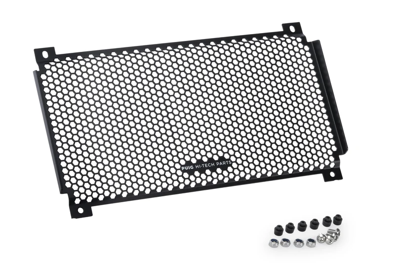 Puig 22558N Aluminum Radiator Guard with hexagonal design and anti-vibration rubber mounts for effective protection of the engine cooling system, Black
