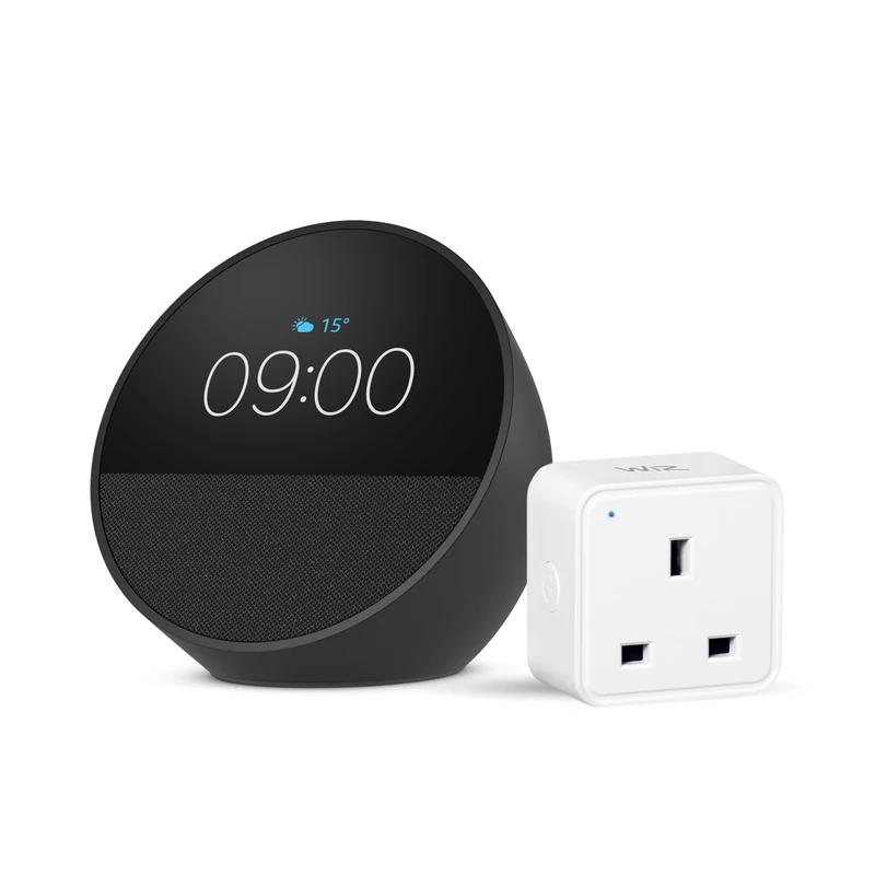 Echo Spot | Black + WiZ Smart Plug, Works with Alexa - Smart Home Starter Kit, with Alexa+ Early Access