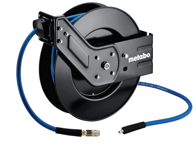 metabo Hose Reel SA 315-15 m Hybrid Hose, 1/4 Inch Universal Quick Coupling, 15 Bar Pressure - Automatic Locking & Rolling, Open Metal Housing, Wall Mounting with Swivel Hinge