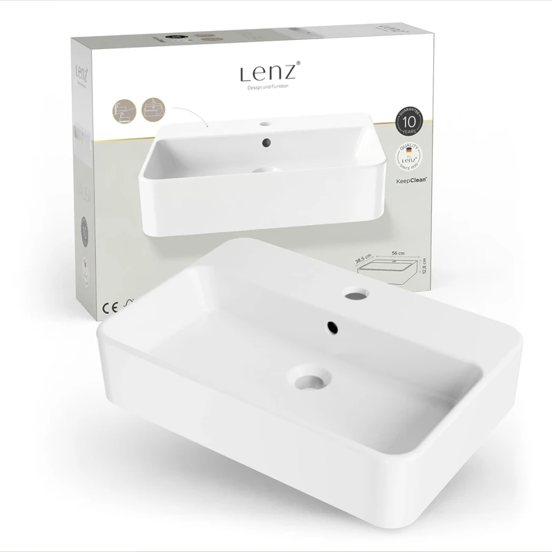 Lenz Valea 41010261 Vanity Unit for Small or Large Bathrooms - 56 cm x 38.5 cm - Wall Hanging or Countertop Wash Basin - Super Smooth KeepClean Surface - with Overflow, White