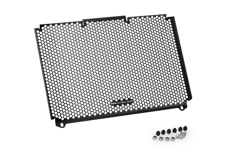 Puig 22394N Aluminum Radiator Guard with hexagonal design and anti-vibration rubber mounts for effective protection of the engine cooling system, Black