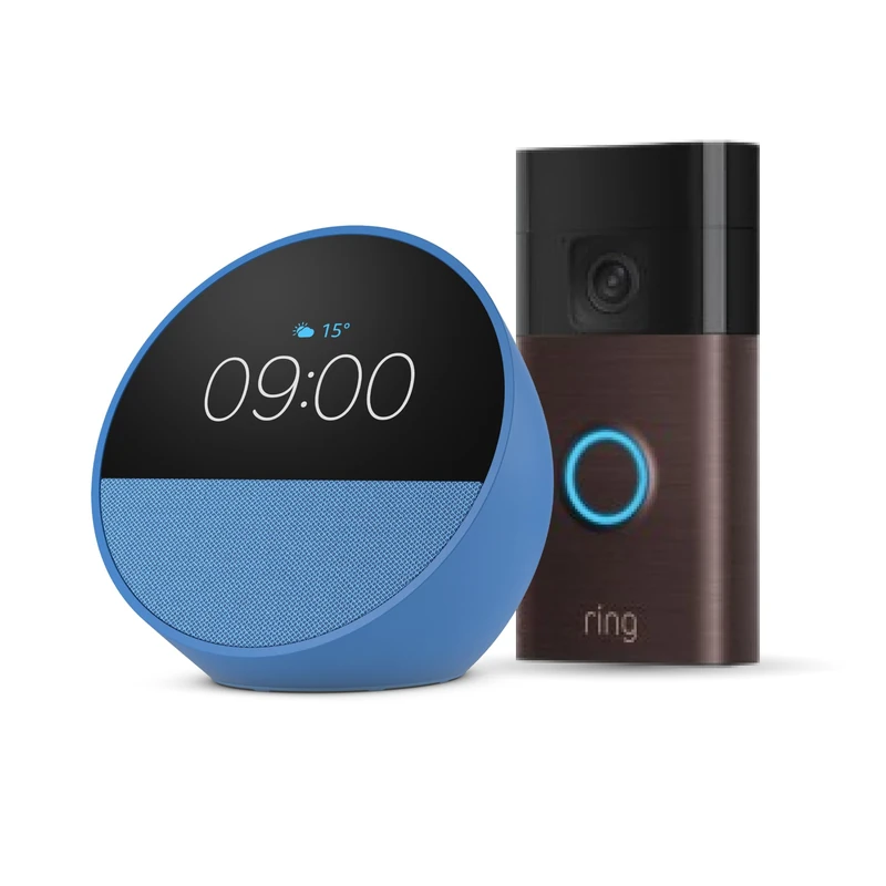 Echo Spot (newest gen) | Ocean Blue + Ring Battery Video Doorbell | Venetian Bronze, with Alexa+ Early Access - Image 1