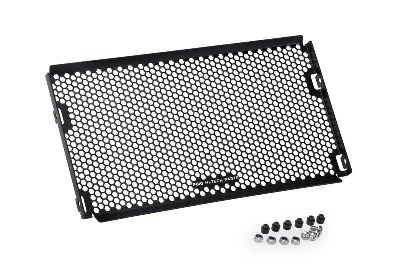 Puig 22421N Aluminum Radiator Guard with hexagonal design and anti-vibration rubber mounts for effective protection of the engine cooling system, Black