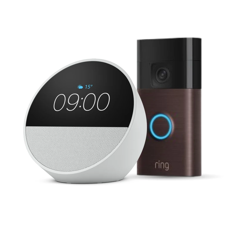 Echo Spot (newest gen) | Glacier White + Ring Battery Video Doorbell | Venetian Bronze, with Alexa+ Early Access