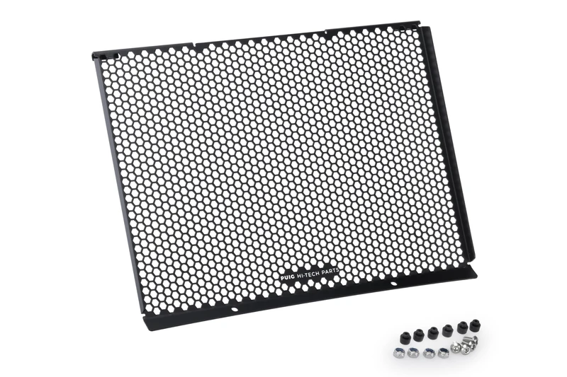 Puig 22528N Aluminum Radiator Guard with hexagonal design and anti-vibration rubber mounts for effective protection of the engine cooling system, Black