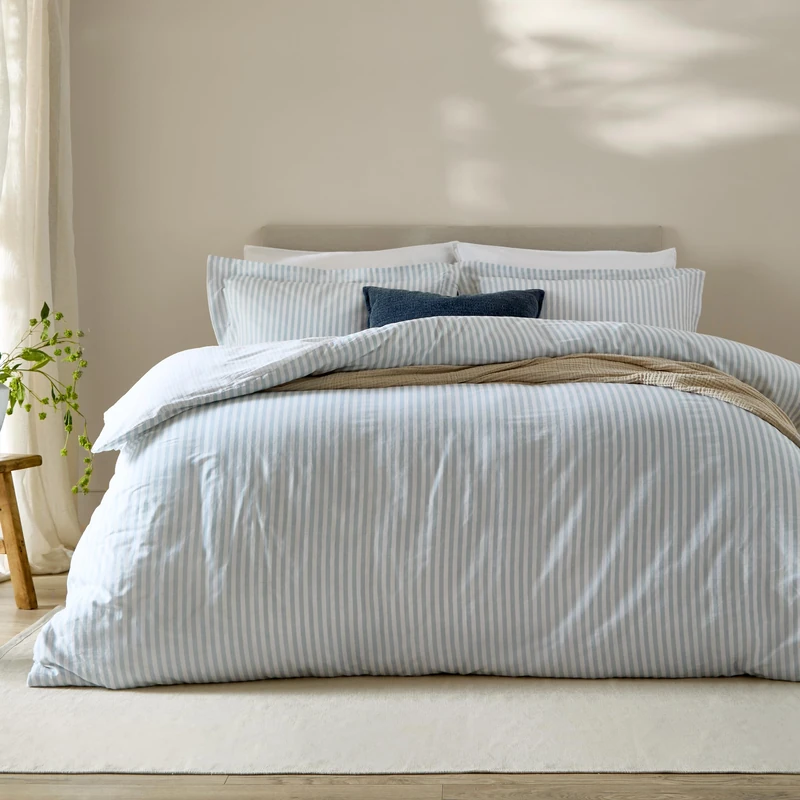 furn. Yard Hebden 100% Cotton Stripe Duvet Cover Set – Reversible Striped Bedding (Mineral Blue, Super King)