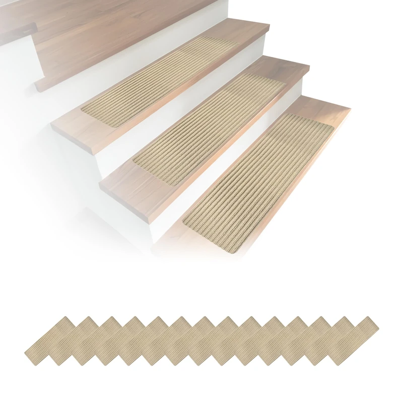 Relaxdays Stair Mats Set of 16, Rectangular, 65 x 20 cm, Self-Adhesive TPR Backing, Beige