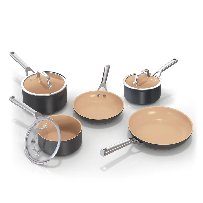 Ninja Extended Life 5-Piece Ceramic Cookware Set (2 Frying Pans and 3 Saucepans with Lids), Non-Stick (No PFAS, PFOA, Lead or Cadmium), Oven Safe Up to 285°C, Terracotta and Grey CW95005EUI