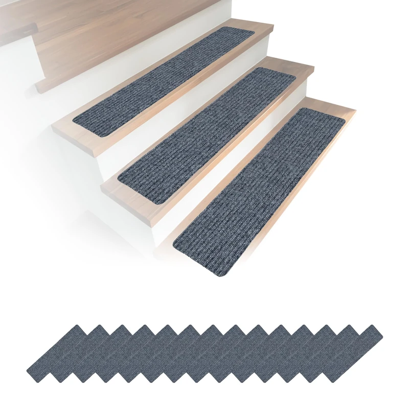Relaxdays Stair Mats Set of 16, Rectangular, Self-Adhesive, 75 x 20 cm, Light Grey