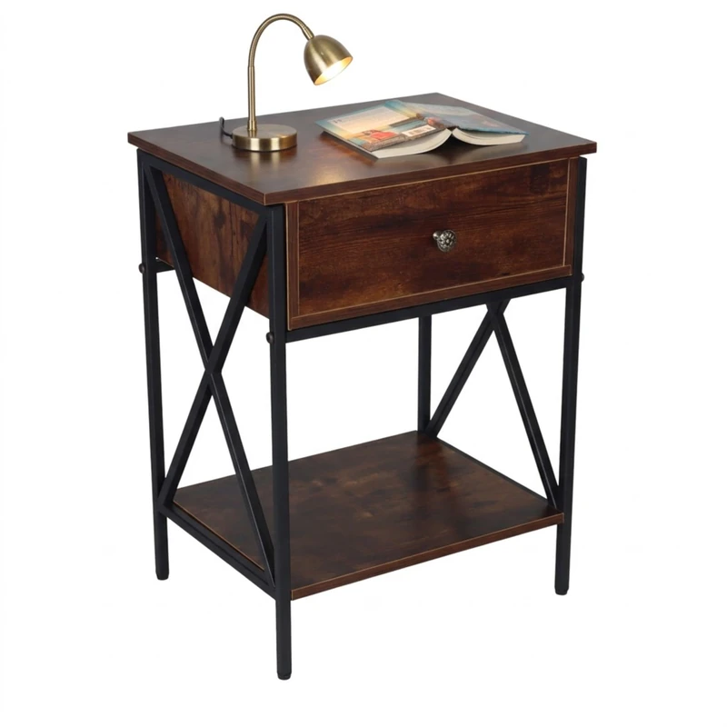 Relaxdays Bedside Table with Drawer & Shelf, Industrial Wood Effect, Metal, 55x40x30 cm, Dark Brown/Black