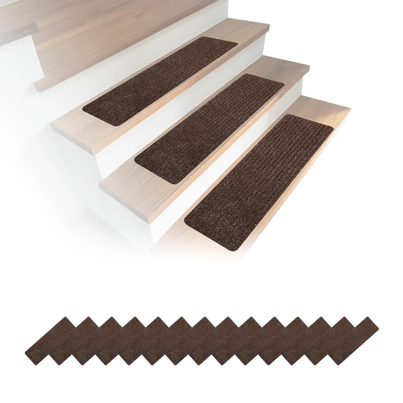 Relaxdays Set of 16 Brown Rectangular Self-Adhesive Stair Mats, 65 x 20 cm