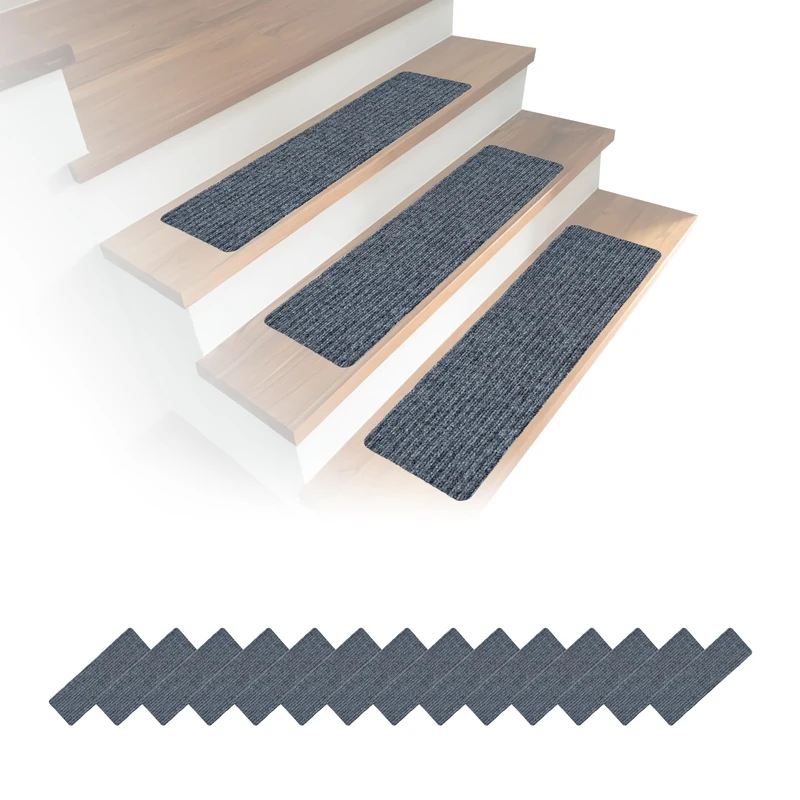 Relaxdays Set of 16 Rectangular Stair Mats, Self-Adhesive, 65 x 20 cm, Light Grey