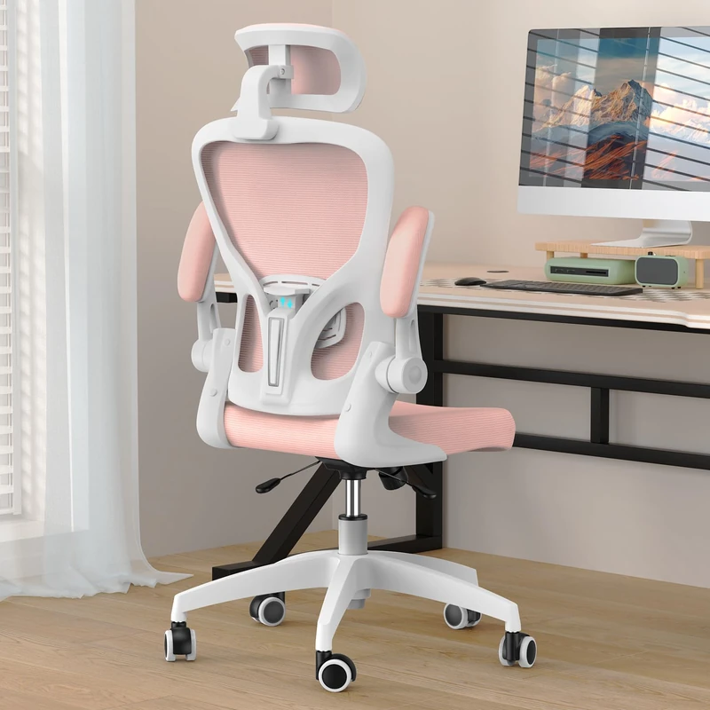 KU Syang Ergonomic Office Chair, Desk Chair with Enhanced Soft Sponge Seat & Upgraded Headrest Adjustment, Mesh Swivel Chair with Lumbar Support & Quiet Wheels for Home Office Computer Study,Pink