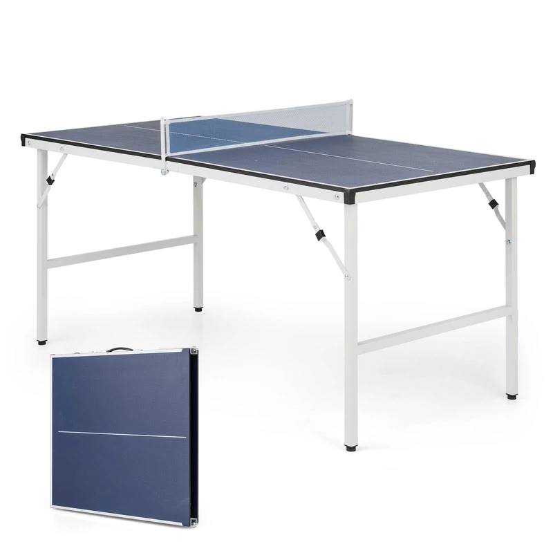 GYMAX Portable Ping Pong Table, Foldable Table Tennis Table with Net, Ping Pong Balls & 2 Paddles, Height Adjustable Compact Game Tables for Indoor Outdoor (Blue+White, 152.5 x 76 x 71 cm)