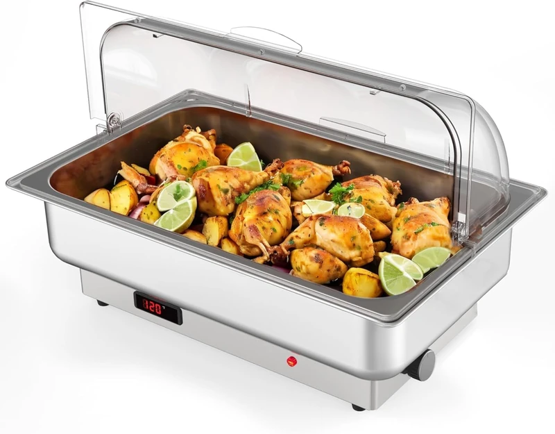 Garvee Chafing Dish Electric 600W Stainless Steel Buffet Heater with Transparent Roll-Top Lid, Temperature Control, 1 Tray 1/1 and 2 1/2 Trays, Ideal for Parties and Catering, 220V