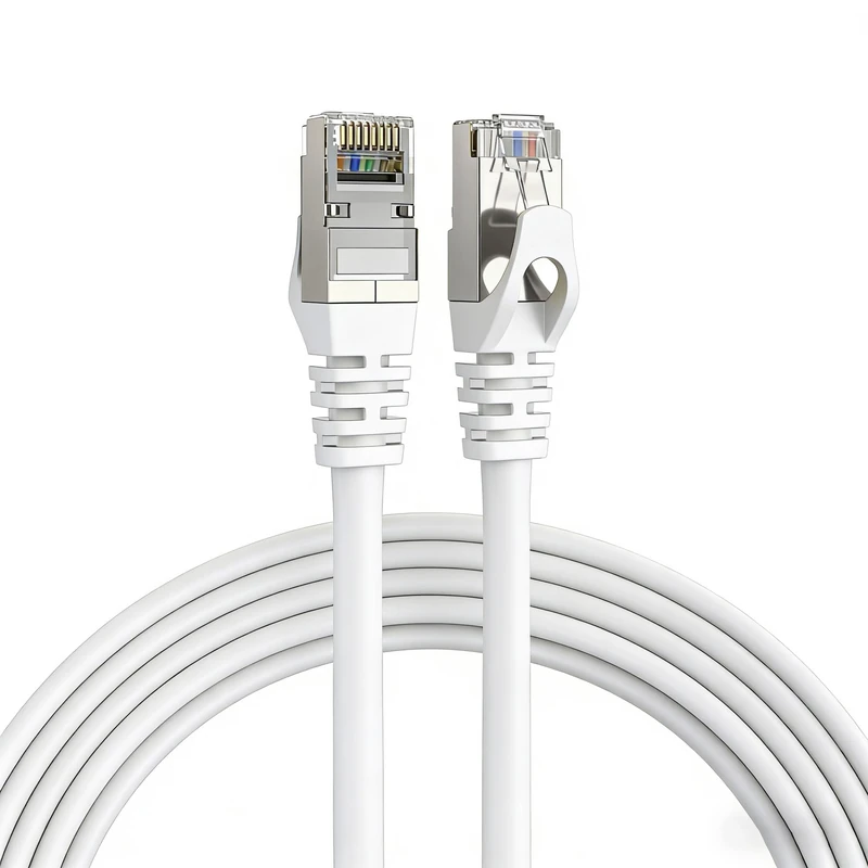 Elfcam - 60m Cat 7 RJ45 Ethernet Cable, STP 100% Copper, 10 Gbps 600 MHz, Round Shielded Network Cable, Compatible with Boxes, PCs, TVs, and Consoles – White
