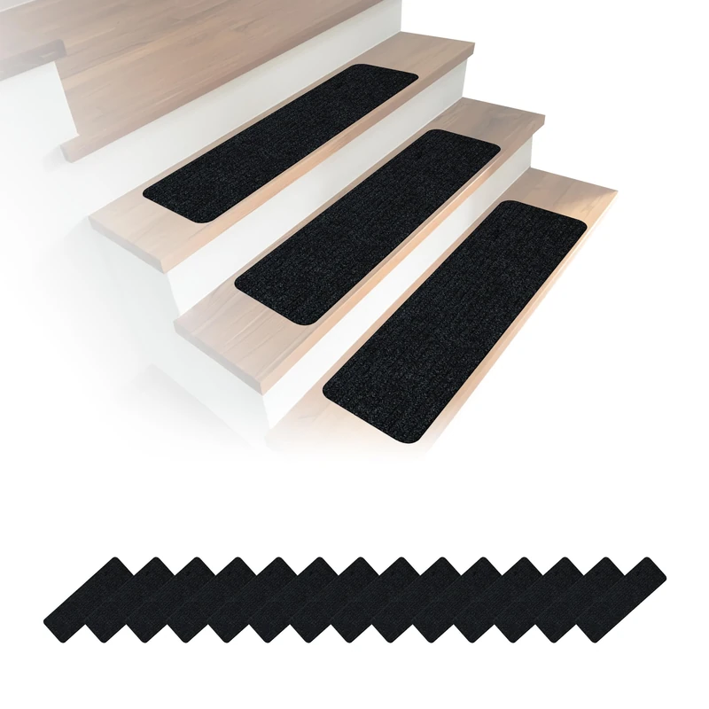 Relaxdays Stair Mats Set of 16, Rectangular, Self-Adhesive, 65 x 20 cm, Black
