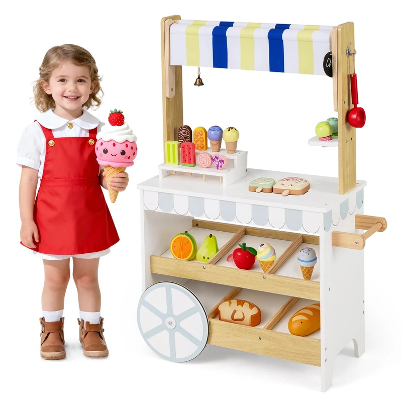 GYMAX Wooden Ice Cream Cart, Kids Grocery Store with 2 Wheels and 16 Pcs Accessories, 2 in 1 Pretend Play Dessert Toy Shop for 3 Year Old +