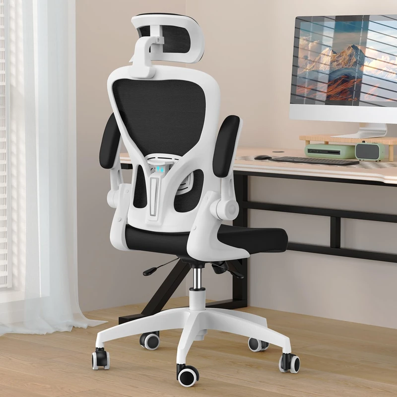KU Syang Ergonomic Office Chair, Desk Chair with Enhanced Soft Sponge Seat & Headrest Adjustment, Mesh Swivel Chair with Lumbar Support & Quiet Wheels for Home Office Computer Study, Black/White
