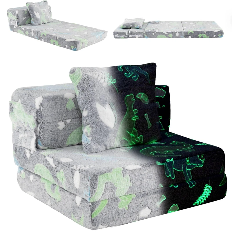 GYMAX 3-in-1 Kids Sofa Chair, Glow in The Dark Children Fold out Couch with Pillow and Washable Cover, Convertible Toddler Sofa Bed for Boys Girls (Grey+Green)