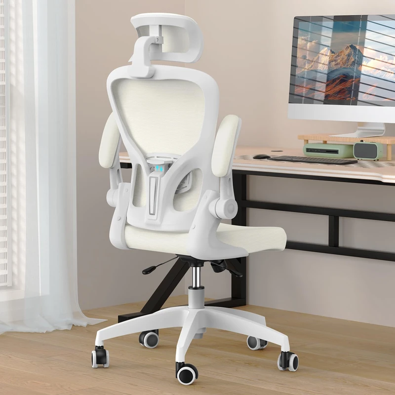KU Syang Ergonomic Office Chair, Desk Chair with Enhanced Soft Sponge Seat & Upgraded Headrest Adjustment, Mesh Swivel Chair with Lumbar Support & Quiet Wheels for Home Office Computer Study,Beige