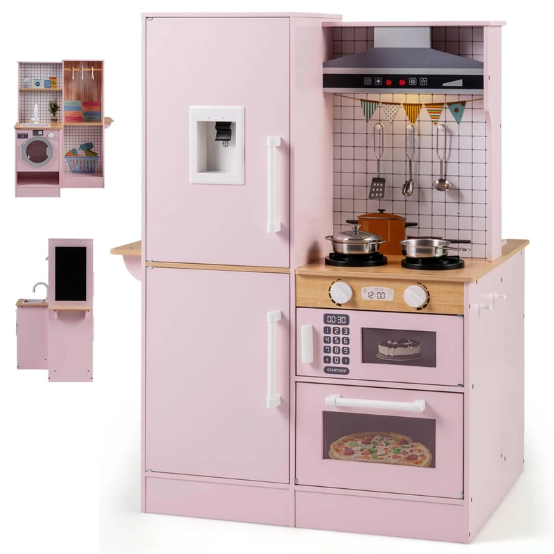 GYMAX Double-sided Kids Kitchen, Wooden Toy Kitchen with Stoves (Pink)
