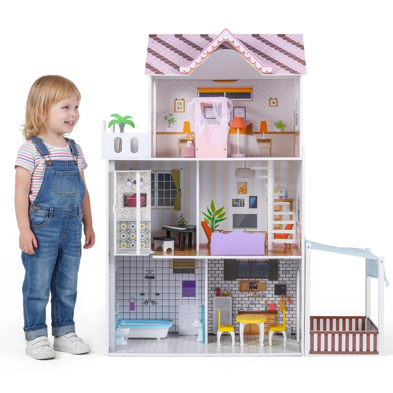 GYMAX Kids Dollhouse, 3-Storey Wooden Dolls House with Simulated Rooms and Accessories, Large Doll House for 3 Years Old+(Pink,15Pcs:102x34x120cm)