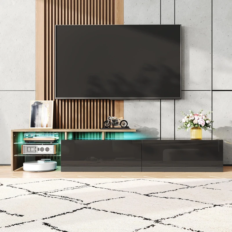 Ball & Cast High-Gloss TV Units for Living Room, Elegant TV Cabinet with Glass Shelves and LED Lighting, 2 Spacious Storage Compartments and Triple-Layer Glass Storage, Black and Wood, 170x33x33.5cm