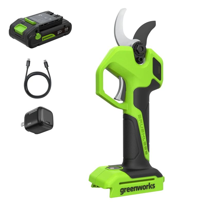 Greenworks 24V Electric Pruning Shears Set with 2.0Ah Battery & 30W USB-C Charger, Brushless Motor, Steel Blades, Adjustable Opening 22/32mm, LED Display, Cordless Pruner LP1202A1