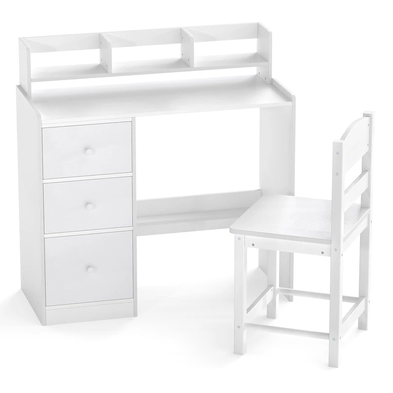 GYMAX Kids Desk and Chair Set, Children Writing Table with 3 Drawers, Storage Hutch and Bottom Shelf, Wooden Study Desk Set for 3 Years Old+ Boys Girls (White)