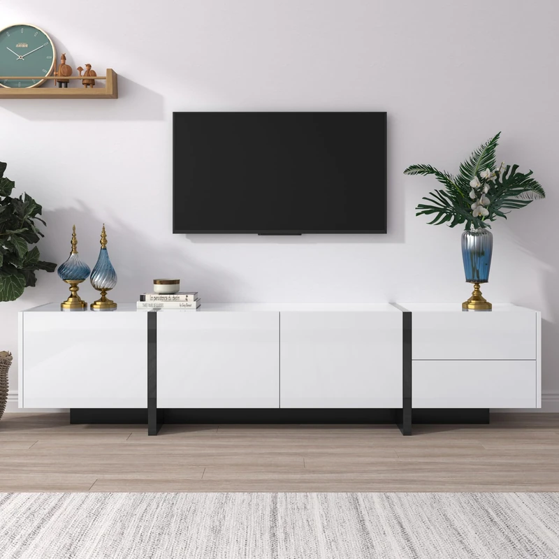 Ball & Cast TV Stand, TV Stand Cabinet,TV cabinet, low panel with colorblocked legs in high-gloss white and black, with doors and drawers, doors with shelves. Simple line design,190x35x45cm