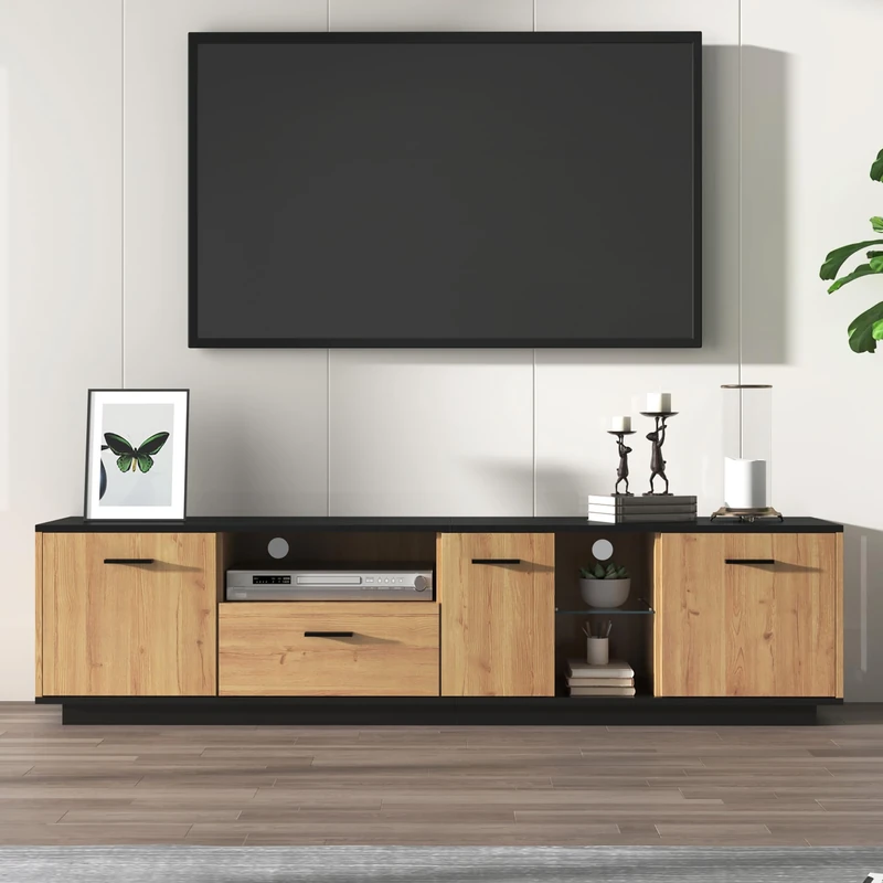 Ball & Cast TV cabinet with one drawer, three doors, two open glass compartments. TV unit, TV stand. Available in black and natural wood finishes. 16 adjustable LED lights.