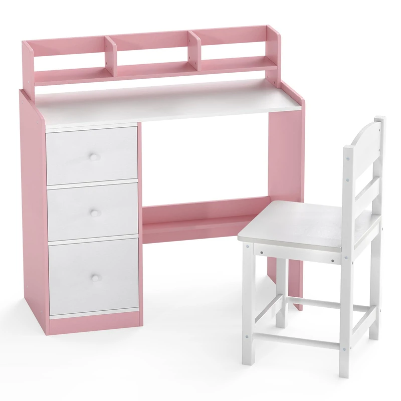 GYMAX Kids Desk and Chair Set, Children Writing Table with 3 Drawers, Storage Hutch and Bottom Shelf, Wooden Study Desk Set for 3 Years Old+ Boys Girls (Pink+White) - Image 1
