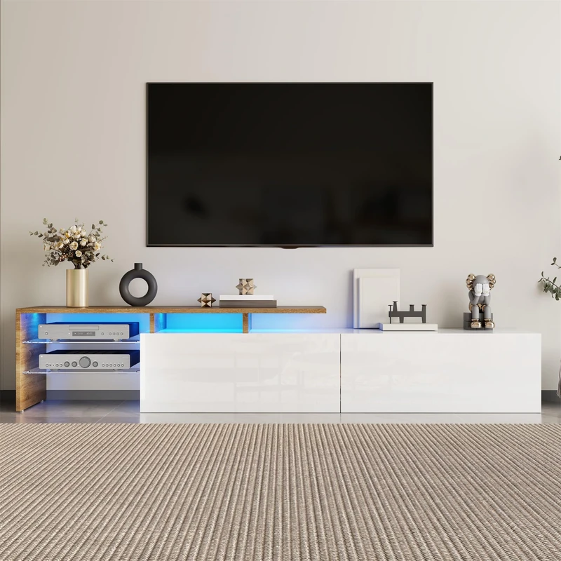 Ball & Cast TV cabinet, lowboard, combination in high-gloss white and black. Color-blocking design, drawers, compartments, multiple storage spaces.
