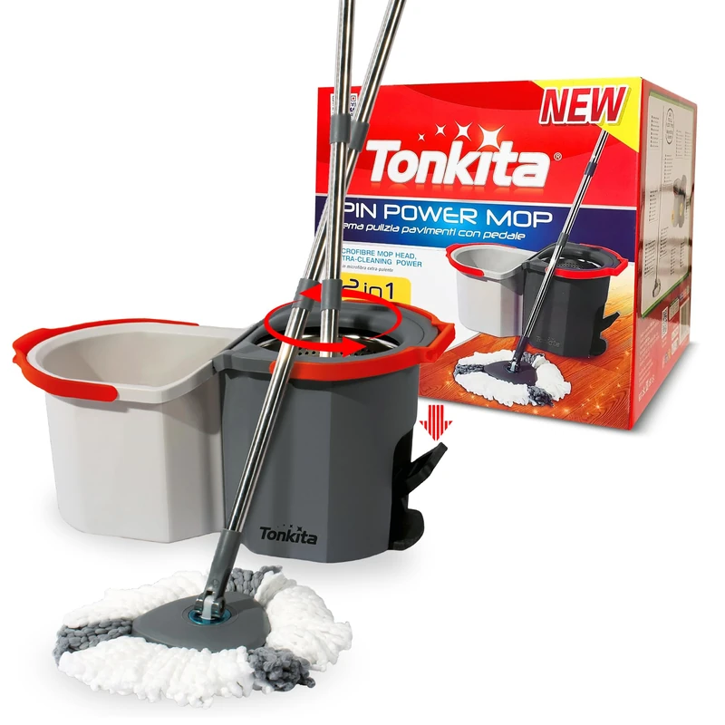 Tonkita Spin Power Mop and Bucket Set, Plastic and Metal, White and Grey, Telescopic Handle, Microfibre Head, 360° Rotation, 500 g
