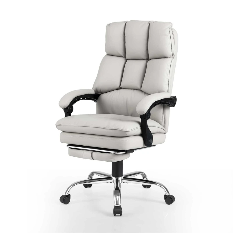 CASART PU Leather Office Chair, Height Adjustable Executive Desk Chair with Upholstered Armrests, Padded Seat, Retractable Footrest & Tilting Function, High Back Computer Chair for Home Office (White)