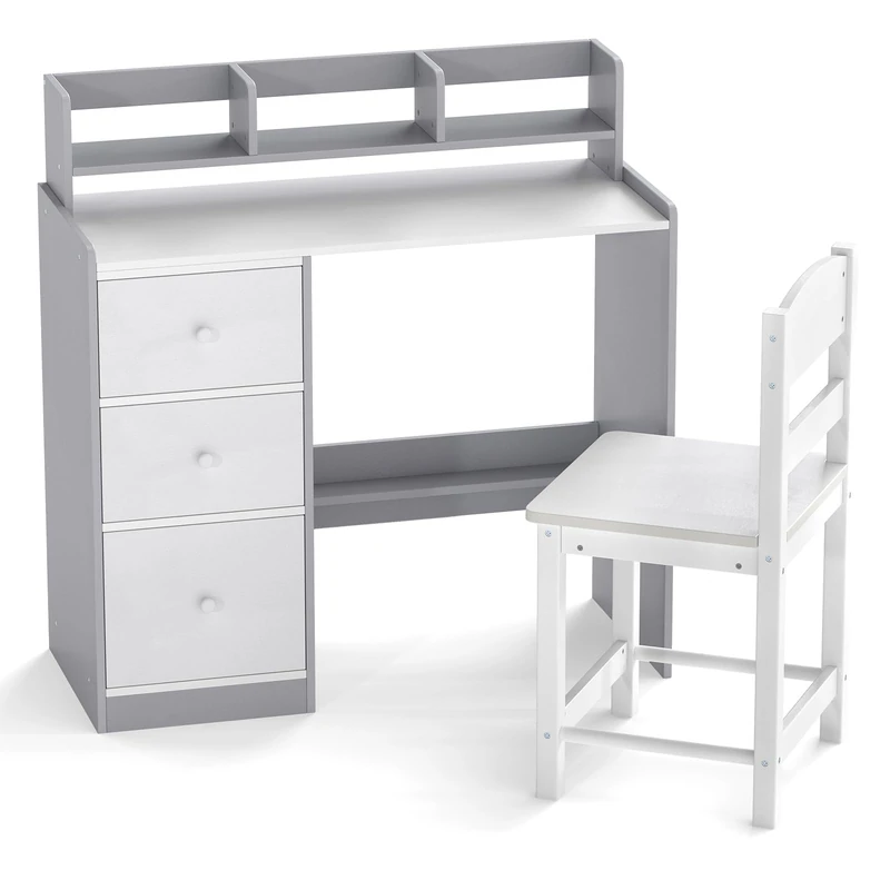 GYMAX Kids Desk and Chair Set, Children Writing Table with 3 Drawers, Storage Hutch and Bottom Shelf, Wooden Study Desk Set for 3 Years Old+ Boys Girls (Grey+White) - Image 1