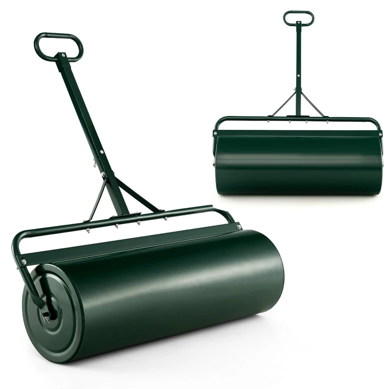 GiantexUK Garden Lawn Roller, Water/Sand Filled Lawn leveller with Scraper Drum & Removable Drain Plug, Heavy Duty Metal Lawn Push Rolling Tool for Grass Seed (Green, 113L, 146cm T-Handle)