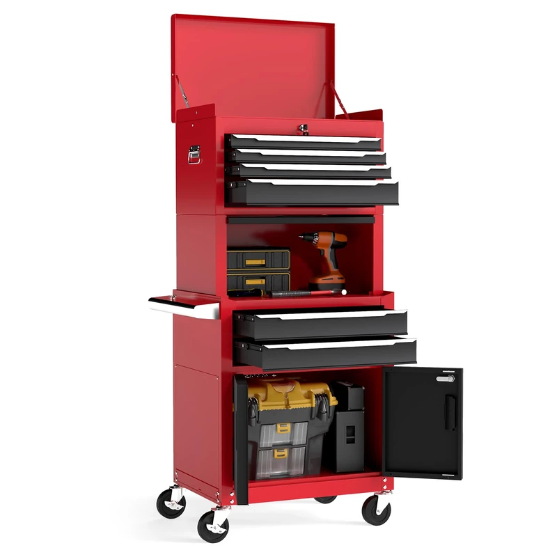 HOMFME 3-in-1 Heavy-Duty Metal Tool Cabinet, 6-Drawer Rolling Tool Chest Combo with Lockable Drawers, Mobile Workshop Service Cart & Utility Trolley for Garage (Red+Black)