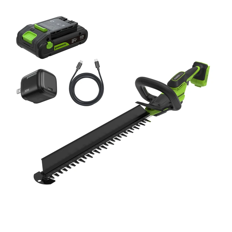 Greenworks 24V Cordless Hedge Trimmer Kit 51cm, Brushless Motor, 28mm Cutting Capacity, Dual Action Blade, 2.0Ah Battery & USB-C Charger Included, Hedge Sweeper HT2002A1