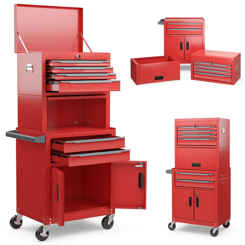HOMFME 3-in-1 Heavy-Duty Metal Tool Cabinet, 6-Drawer Rolling Tool Chest Combo with Lockable Drawers, Mobile Workshop Service Cart & Utility Trolley for Garage (Red)