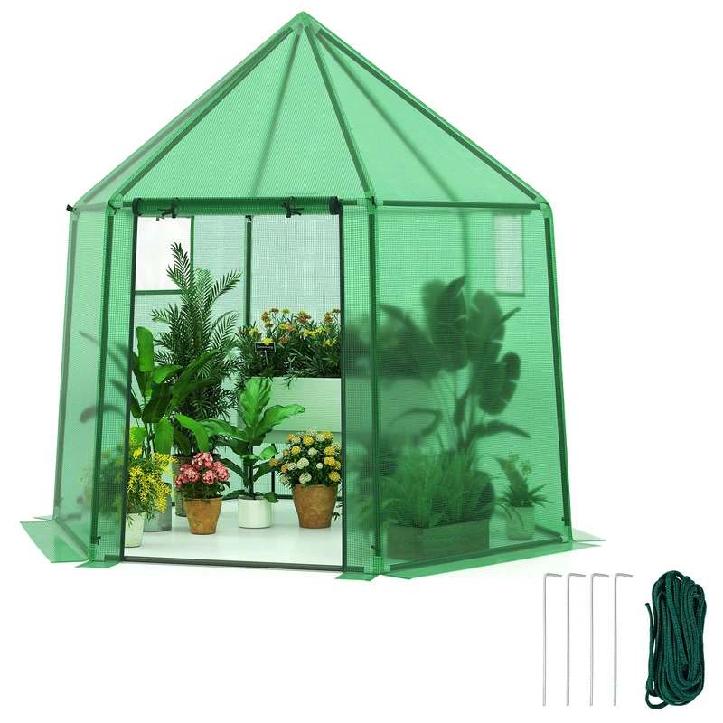 GiantexUK Walk In Greenhouse, Metal Frame Hexagon Growhouse with Waterproof PE Cover, Roll-up Window & Door, Outdoor Gardening Plants House Polytunnel for Patio Backyard (198x172x190cm)