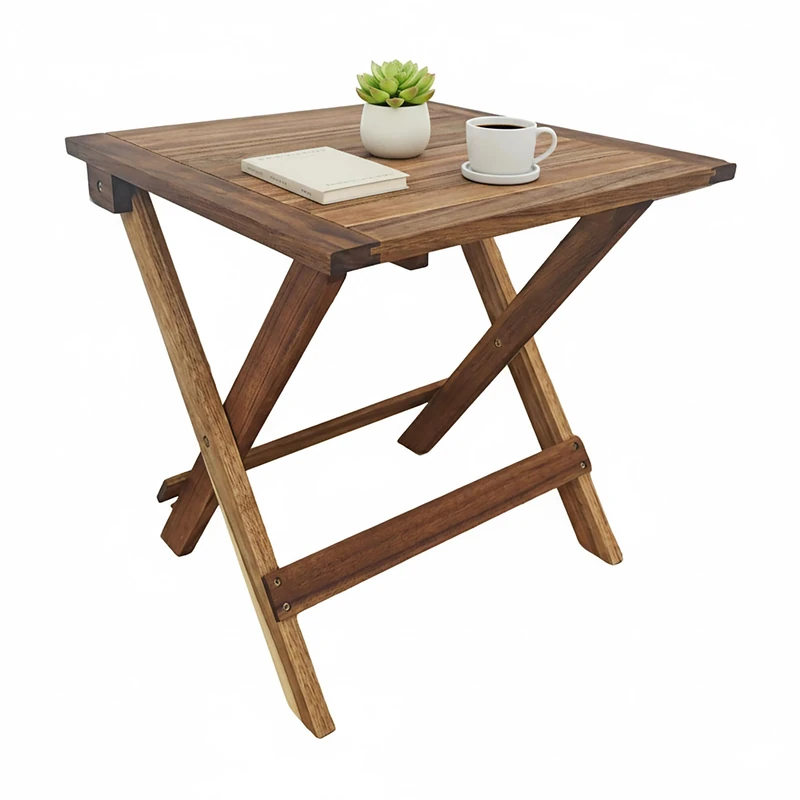 Relaxdays Folding Acacia Wood Side Table for Living Room, Balcony & Terrace, 46x46x46 cm, Brown