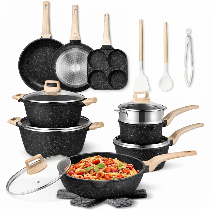 BAKAJI Set of 21 Induction and Gas Cookware Set Suitable for All Hobs, Non-Stick Cast Aluminium and Granite Effect with Lid and Accessories (Black)